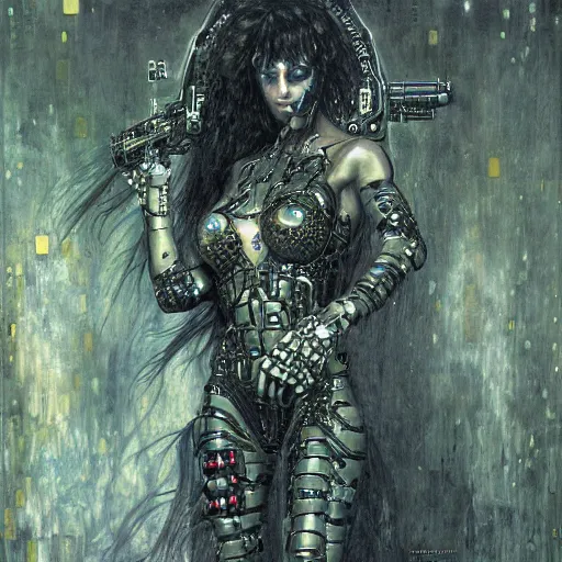 Image similar to cybernetic female demon supersoldier armed with laser rifle, intricate detail, klimt, royo, whealan,