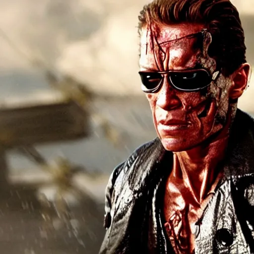 Prompt: A still of The Terminator in Pirate's of the Caribbean movie