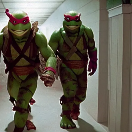 Image similar to movie still of Teenage Mutant Ninja Turtles in The Shining