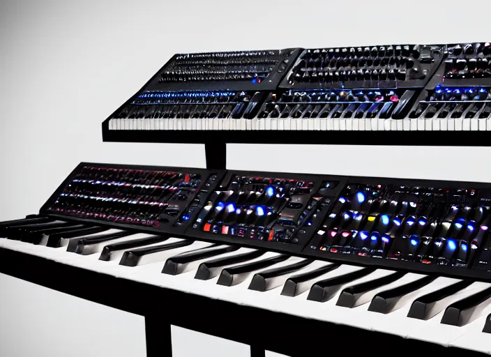 Image similar to photo still of a rack of keyboard synthesizers, 8 k, studio lighting, overhead light