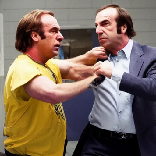 Image similar to Saul Goodman fighting Mike from Breaking Bad