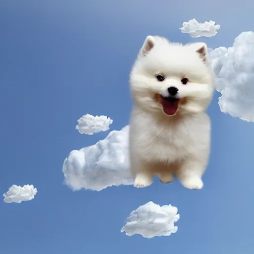 Prompt: a white Pomeranian made of clouds, floating in the sky