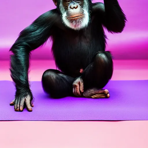 Image similar to photo of chimpanzee wearing yoga pants doing yoga in a yoga studio on a purple yoga mat, 5 0 mm, beautiful photo