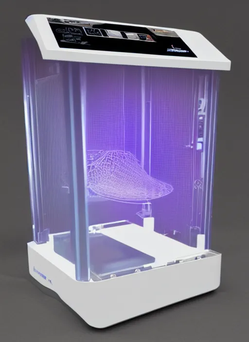 Prompt: brochure of a 3 dprinter that looks like a holographic microwave