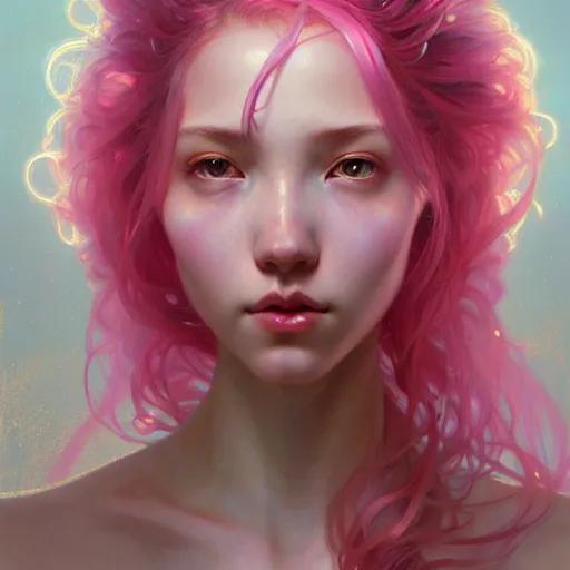 Image similar to Portrait of a eurasian girl with pink hair, glowing skin, fantasy, intricate, elegant, highly detailed, digital painting, artstation, concept art, smooth, sharp focus, illustration, art by Krenz Cushart and Artem Demura and alphonse mucha