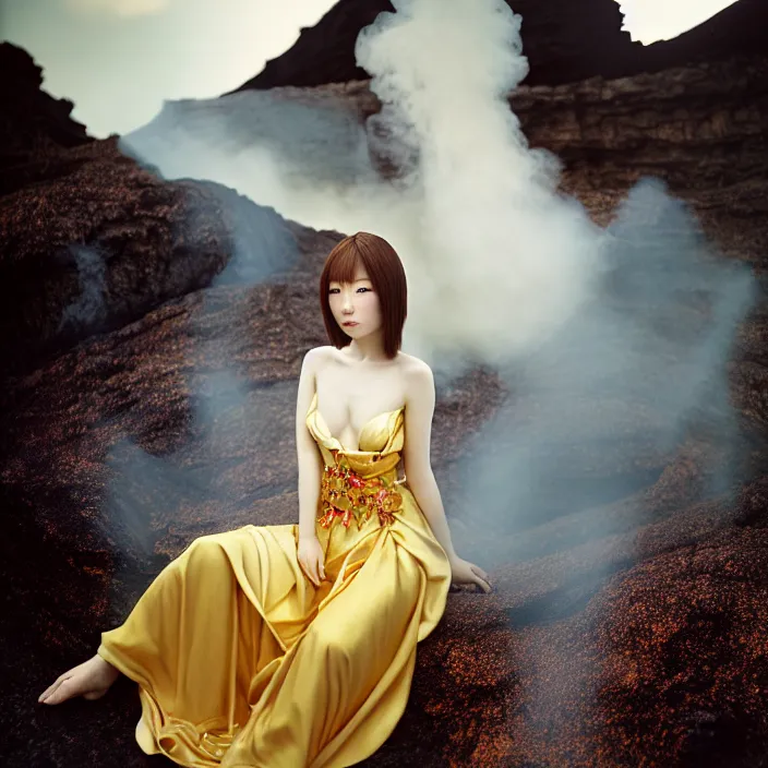 Image similar to Kodak Portra 400, 8K, soft light, volumetric lighting, highly detailed, Rena Nounen style 3/4 ,portrait photo of a Japanese ravishing Goddess by WLOP, the face emerges from a lava flowing gold travertine terraces with lotus flowers, inspired by Ophelia paint , a beautiful chic dress and hair are intricate with highly detailed realistic beautiful flowers , Realistic, Refined, Highly Detailed, ethereal lighting colors scheme, outdoor fine art photography, Hyper realistic, photo realistic, masterpiece