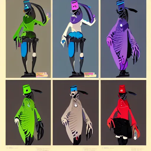 Image similar to character design sheets for a fashionable nonbinary androgynous gothic manta ray humanoid person with manta ray arms who sells empty spray paint cans as a scam and is always covered in paint and acting shady, designed by splatoon nintendo, inspired by tim shafer psychonauts 2 by double fine, cgi, professional design, gaming