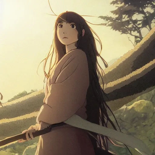 Image similar to portrait of woman, long brown hair, cloth, princess mononoke, 4 k, greg rutkowski, high detail, dramatic lighting, sunset, hayao miyazaki, masashi ando, nizou yamamoto, kazuo oga, joe hisaishi, yoji takeshige, naoya tanaka