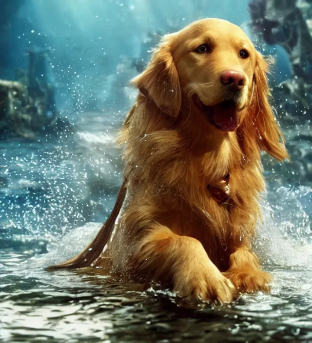 Prompt: a golden retriever as a mermaid in pirates of the caribbean, movie still frame, hd, remastered, movie grain, cinematic lighting