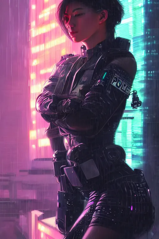 Image similar to portrait futuristic beautiful cyberpunk female police, in heavy rainning futuristic tokyo rooftop cyberpunk night, ssci-fi, fantasy, intricate, very very beautiful, elegant, neon light, highly detailed, digital painting, artstation, concept art, soft light, hdri, smooth, sharp focus, illustration, art by tian zi and craig mullins and WLOP and alphonse mucha