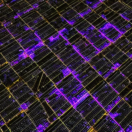 Image similar to photo of a intricate pattern power grid city at night birds eye view inception cinematic