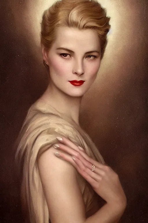 Prompt: a young and extremely beautiful grace kelly infected by night by tom bagshaw in the style of a modern gaston bussiere, art nouveau, art deco, surrealism. extremely lush detail. melancholic scene infected by night. perfect composition and lighting. sharp focus. profoundly surreal. high - contrast lush surrealistic photorealism. sultry, infectious smile.