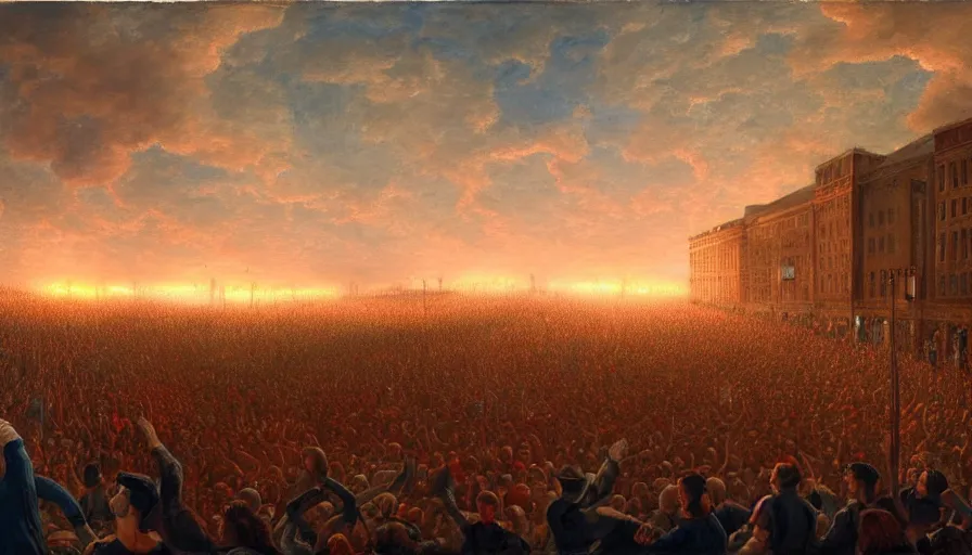 Image similar to painting of a panicked crowd pointing!! towards a glowing sky, raising their arms, volumetric lighting, nasty, hyperdetailed, realistic