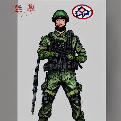 Prompt: a perfect, realistic professional digital sketch of Chinese SWAT soldier in style of Marvel, full length, by pen and watercolor, by a professional French artist on ArtStation, on high-quality paper