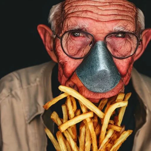 Prompt: an elderly man wearing a mask made from french fries, bold natural colors, national geographic photography, masterpiece, 8 k, raw, unedited, symmetrical balance