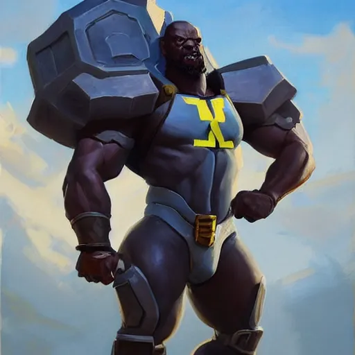 Image similar to greg manchess portrait painting of fully armored the foundation aka dwayne the rock from fortnite as overwatch character, medium shot, asymmetrical, profile picture, organic painting, sunny day, matte painting, bold shapes, hard edges, street art, trending on artstation, by huang guangjian, gil elvgren, ruan jia, greg rutkowski, gaston bussiere