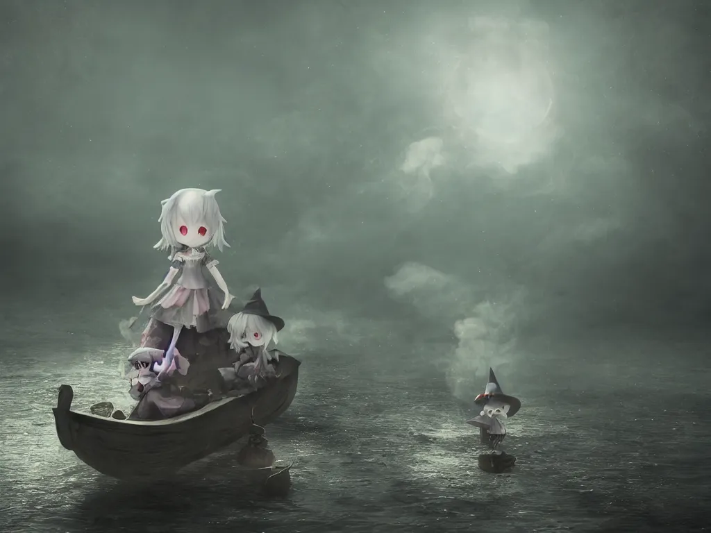 Image similar to cute fumo plush girl witch in a small boat on murky river water, river styx, cursed otherworldly chibi gothic horror wraith maiden, lost in the milky void, hazy heavy swirling murky volumetric fog and smoke, moonglow, lens flare, vray