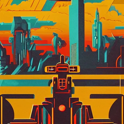 Prompt: an art deco painting of giant robots stomping on cities, and shooting laser beams from their eyes, city on fire, by tom whalen, behance contest winner, retrofuturism, poster art, reimagined by industrial light & magic