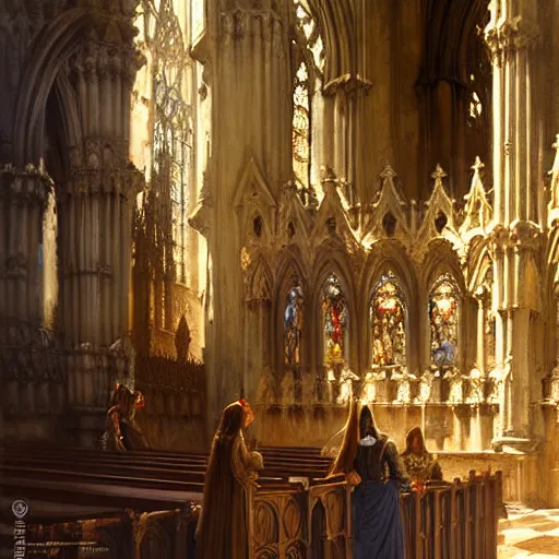 Prompt: inside a giant medieval cathedral, ornate and intricate details. highly detailed painting by gaston bussiere, craig mullins, j. c. leyendecker 8 k