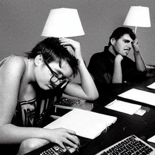 Image similar to sad geeks sitting in a dirty hotel room working on computers, 1990s photograph