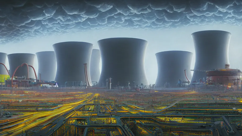 Image similar to Epic Clean Nuclear Plant emerge from the futurist utopia; by Oswaldo Moncayo and Vincent Callebaut; by Simon Stålenhag, oil on canvas; Art Direction by James Cameron; Location: Quito Ecuador 4K, 8K; Ultra-Realistic Depth Shading