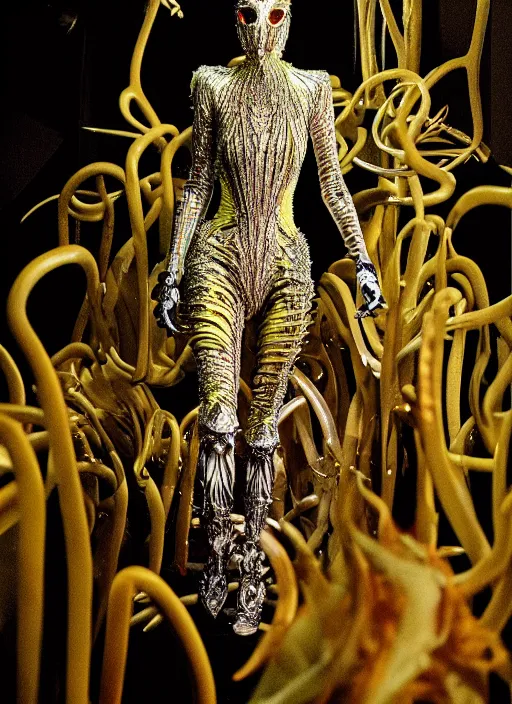 Image similar to walking down the catwalk, steven klein, show, stage, vogue photo, podium, fashion show photo, iris van herpen, beautiful woman, full body shot, helmet on face, masterpiece, plant predator, guyver, jellyfish, biomechanical details, movie still, fauvism, cinestill, bokeh, gelios lens