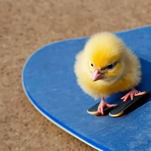 Image similar to a baby chick riding a skateboard