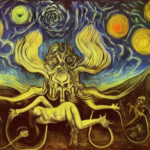 Image similar to a dream by giger, jorodowski, dali, van gogh, Albert Briesbardt