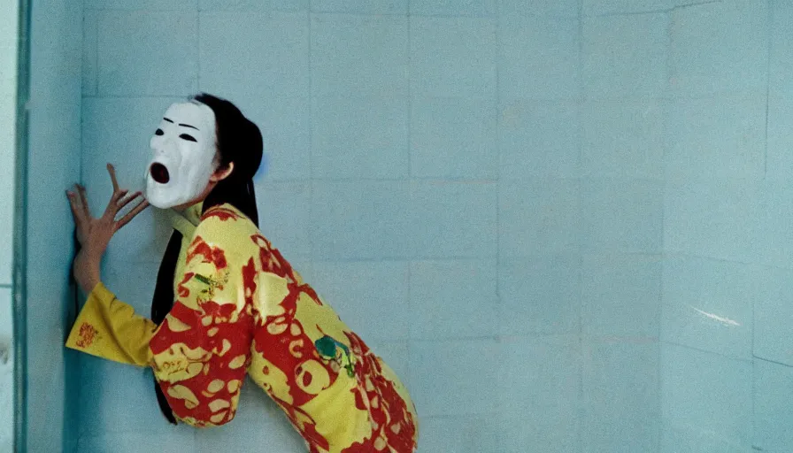 Prompt: 60s movie still of a white japanese female phantom with bloody jaw in an empty soviet stalinist style hospital with yellow tiles floor with light blue beds, cinestill 800t 35mm technicolor, heavy grain, high quality, higly detailed, liminal space