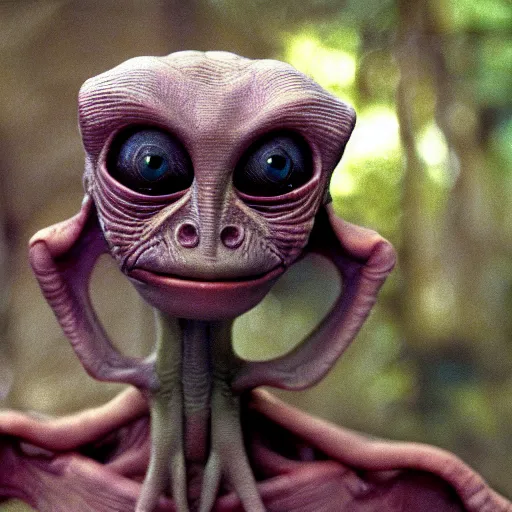 Image similar to mysterious alien creature ( 1 9 8 8 ), mac, mac and me, bold natural colors, national geographic photography, masterpiece, full shot