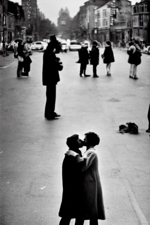 Image similar to street photo, couple of man and woman kiss on the background of the war, film photography, exposed b & w photography, christopher morris photography, bruce davidson photography, peter marlow photography