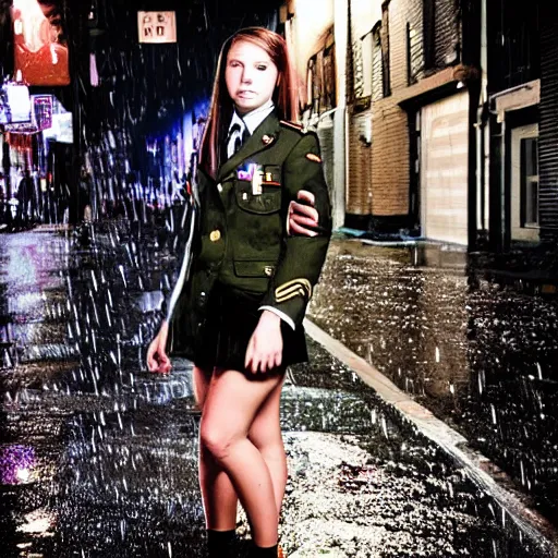 Image similar to night flash portrait photography of a high school girl in uniform on the lower east side by annie leibovitz, colorful, nighttime!, raining!