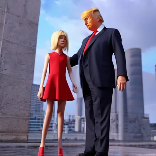 Prompt: Donald Trump with uwu girl body, realistic artstyle, wide shot, dramatic lighting, octane render, hyperrealistic, high quality, highly detailed, HD, beautiful, cinematic, 8k, unreal engine, facial accuracy, symmetrical