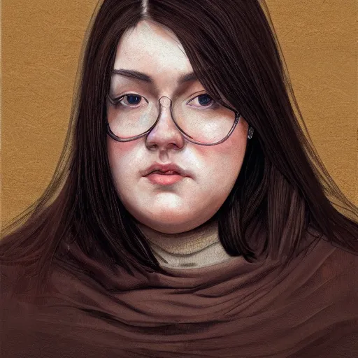 Image similar to portrait, 3 0 years old woman : : dark straight hair : : slightly overweight : : brown medieval cloting, natural materials : : high detail, digital art, illustration, oil painting, realistic