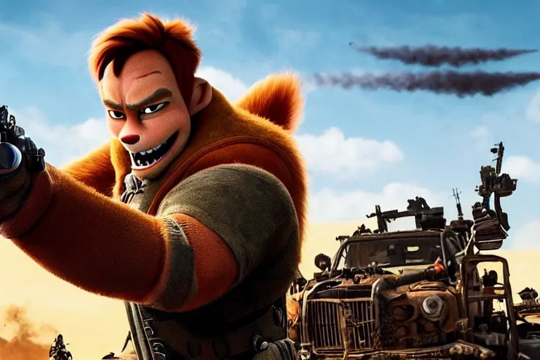 Image similar to nick wilde, heavily armed and armored facing down armageddon in a dark and gritty reboot from the makers of mad max : fury road