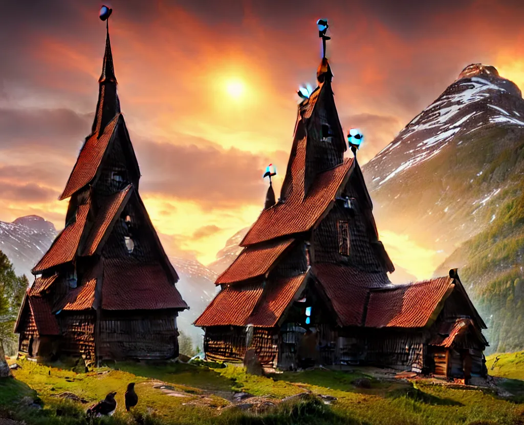 Prompt: Hopperstad Stave Church, medieval wooden church by norwegian fjord, beautiful scenery, mountains, sea, rocks, evening sunset, birds returning to their nest, a matte painting by Filip Hodas, featured on cgsociety, magical realism, matte painting, anamorphic lens flare, concept art