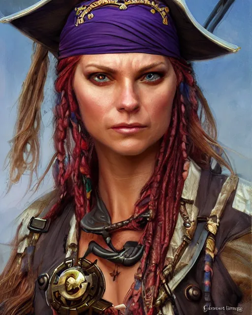 Prompt: female pirate on ship, cover page very intricate | cinematic lighting | award - winning | closeup portrait | by donato giancola and mandy jurgens and charlie bowater | featured on artstation