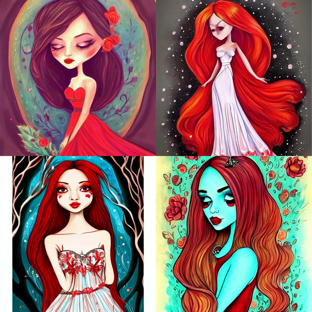 Prompt: a beautiful young woman in a breathtaking long red dress in style of Jeremiah Ketner