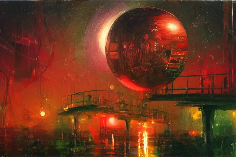 Image similar to river boats speeding between spherical tree houses on flooded streets of new york painting, red and green palette, night lights, starry sky, by ( ( ( ( ( ( ( ( ( h. r. giger ) ) ) ) ) ) ) ) ) and paul lehr