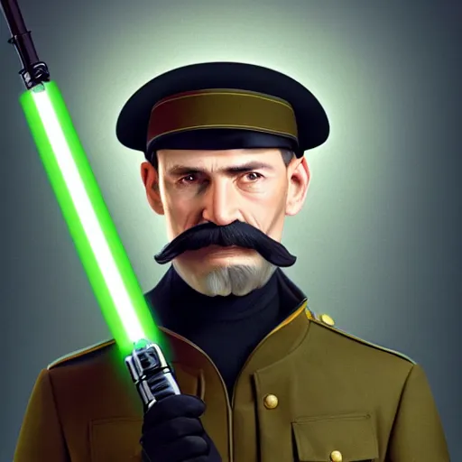 Prompt: character portrait of a russian man in khaki military tunic wearing black wool high hat with black moustache holding a lightsaber, medium shot, oncept art, global illumination, 4 k, hyper detailed, pixar animation style, 8 k, studio light, award winning, by artgerm, sylvain sarrailh, rossdraws, wlop, beautiful