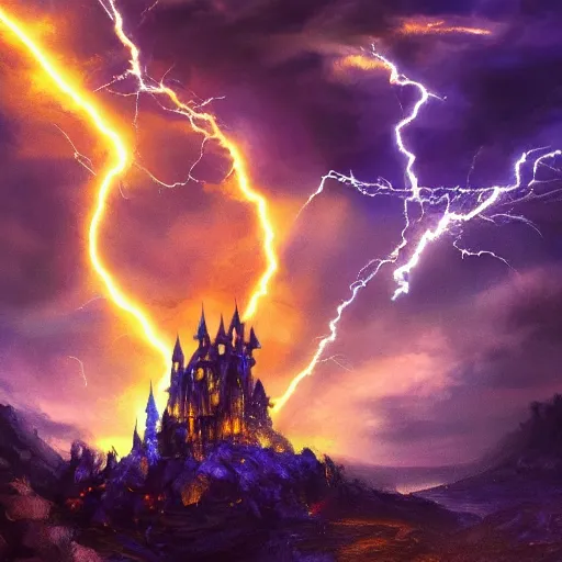 Prompt: A photo of a sorcerer holding torch attacking magic castle under siege, fire from sky, blue lightnings, dramatic purple thunders, golden meteors, war, dramatic shadows, powerful photo, magic, dramatic lighting, intricate, wild, highly detailed, digital painting, artstation, concept art, smooth, sharp focus, illustration, art by artgerm and greg rutkowski and alphonse mucha, footage