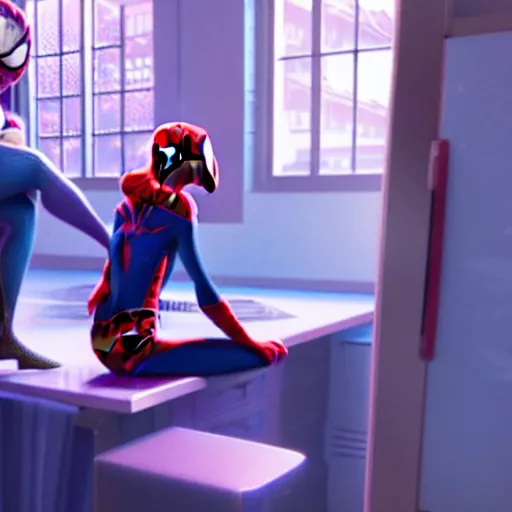 Image similar to spiderman and pregnant elsa talking in the kitchen, into the spider - verse cinematic render, 2 0 1 8 sony animation official media, award winning