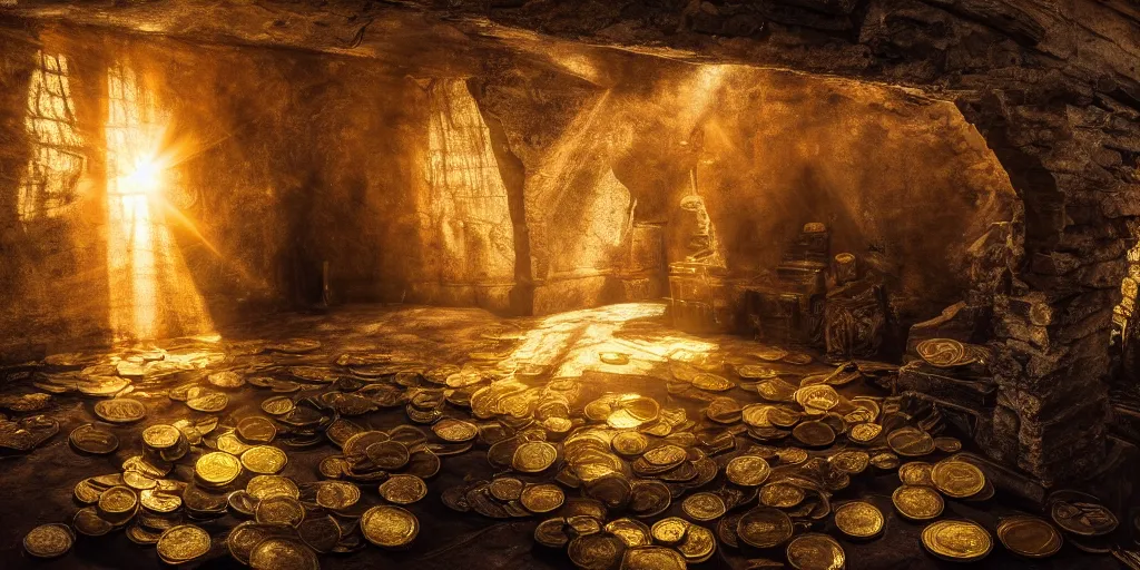 Prompt: gods basement filled with treasures and gold coins, divine, shinig rays of light, 8 k photography, cinematic light, award winning