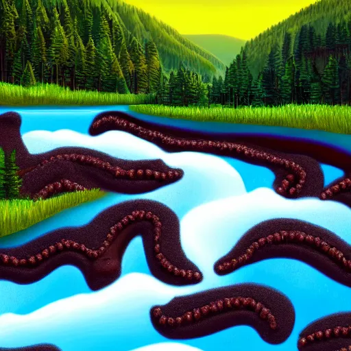 Prompt: chocolate river, flowing off a candy Mountain into a chocolate ocean, lush with gumdrop trees, high detail, 4k
