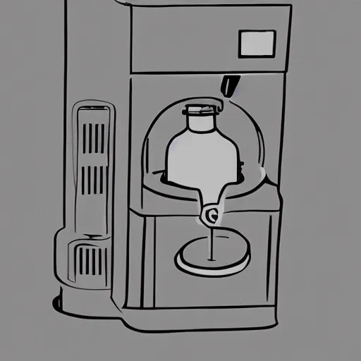 Prompt: an anthropomorphic cartoon soft drink dispenser, line drawing