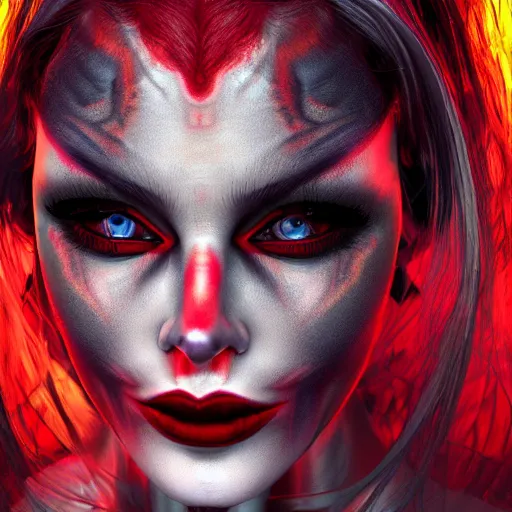 Image similar to photorealistic devil woman. hyperdetailed photorealism, 1 0 8 megapixels, amazing depth, high resolution, 3 d shading, 3 d finalrender, 3 d cinematic lighting, glowing rich colors, psychedelic overtones, artstation concept art.