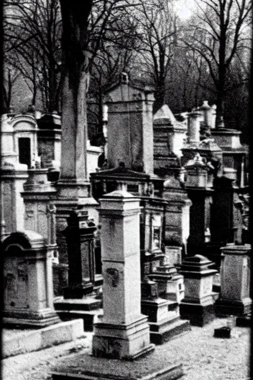 Prompt: Kodak T-MAX 3200 photo of creepy cemetery, 1910s paris, crow, scary, horror, dark mood