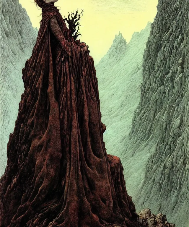 Prompt: A detailed very horned woman stands among the mountains. Wearing a ripped mantle, robe. Perfect faces, extremely high details, realistic, fantasy art, solo, masterpiece, art by Zdzisław Beksiński, Arthur Rackham, Dariusz Zawadzki