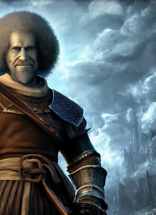 Prompt: portrait wizard bob ross in darksouls universe in anor londo, studio lights, 8 k hd.