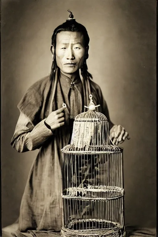 Prompt: ultra realistic vintage photo portrait of a tibetan man with a birdcage in place of the chest, by Annie Leibovitz,